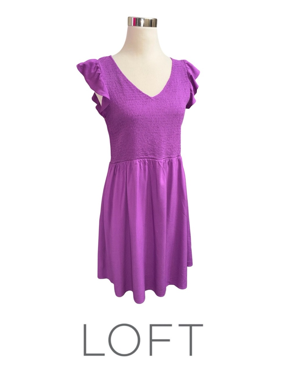 NWOT LOFT Bright Purple Textured V-Neck Dress with Flutter Detail
